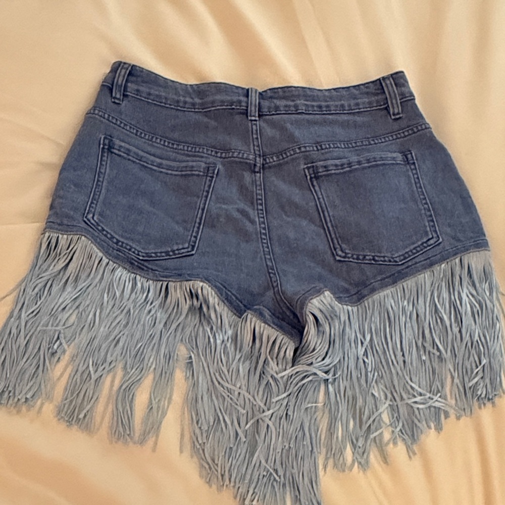 Fringed Light Blue Denim Jean Shorts for Women - Picture 5 of 6